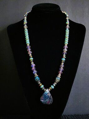 VTG 1980s Abalone Shell Aurora Borealis Crystal Statement Necklace 25"